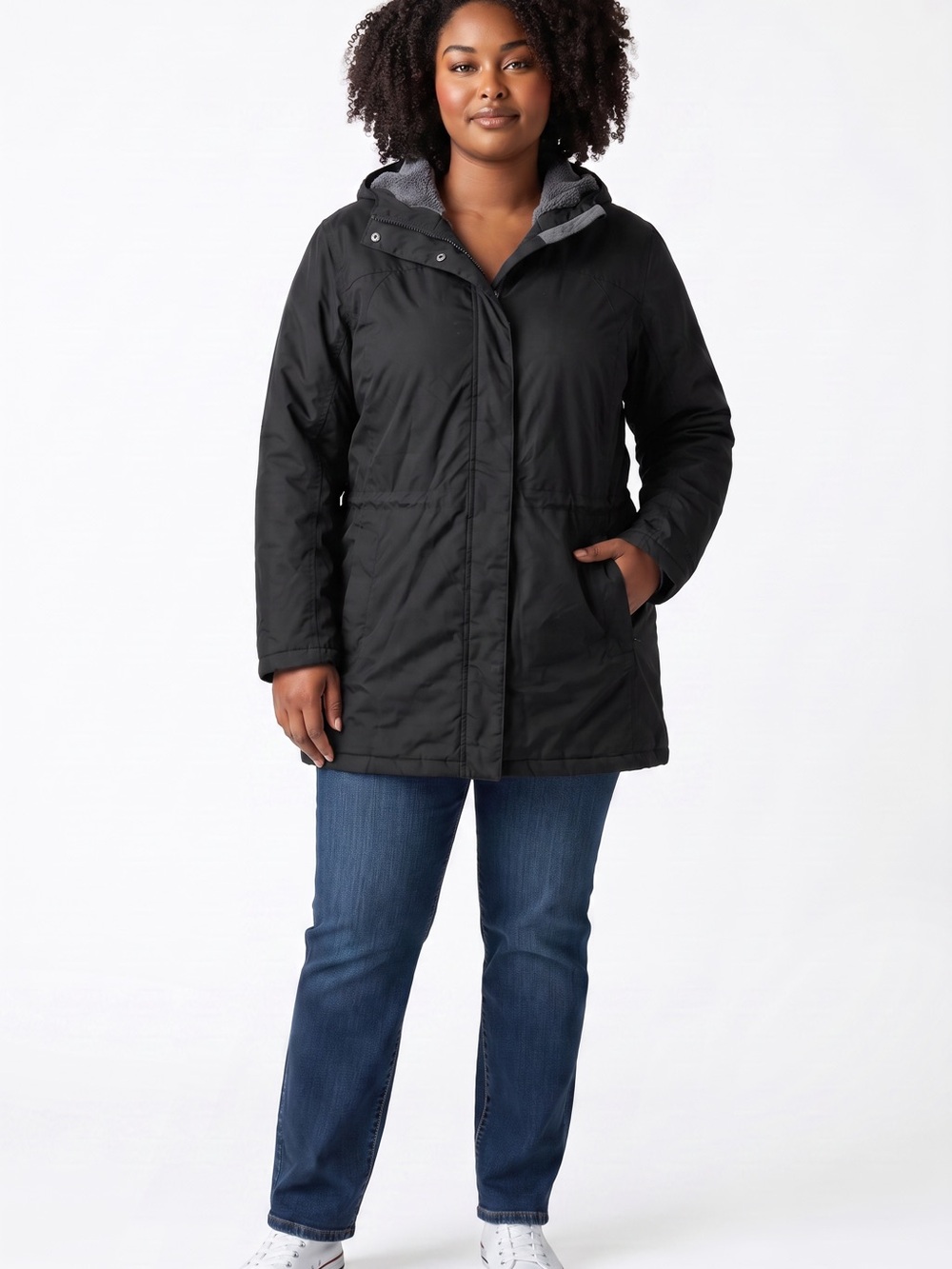 L.L. Bean Black Hooded Parka Coat with Gray Faux Fur Lining